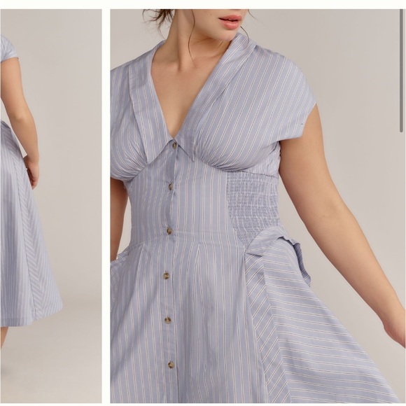 nwt by ANTHROPOLOGIE sz M Short-Sleeve V-Neck Midi Dress in blue motif - Picture 5 of 5